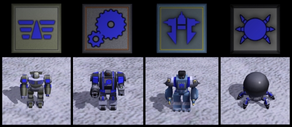 The commander robot for each faction. From left to right : AVEN, GEAR, CLAW and SPHERE